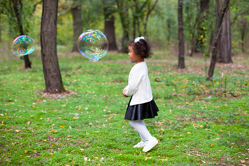 Little girl playing with soap bubbles in the park