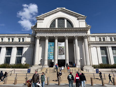 Lisbon, Portugal- March 6, 2020: Beautiful forged metal door and facade of the National Museum of Natural History and Science in Lisbon.