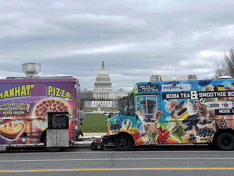 Washington DC, USA - March 27, 2022. Food trucks at national Mall in front of Capitol in Washington DC, USA