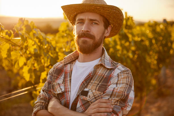 istock Serious farmer in vineyard in evening 1396569824