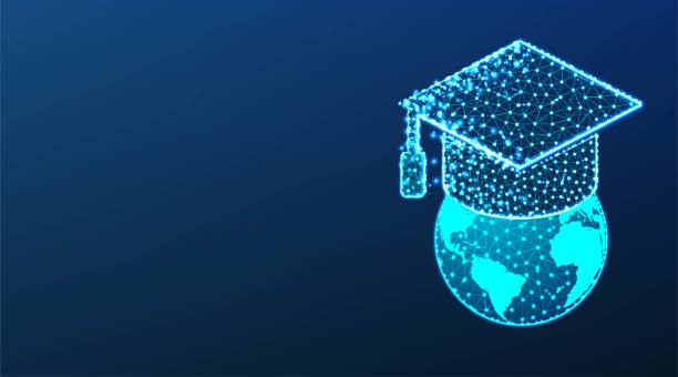 istock Graduation cap or mortar board on top of world globe. education concept.  Abstract Low Poly wireframe mesh design. On dark blue background. Vector Illustration 1396570587