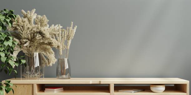 wooden cabinet mockup in modern empty room,dark wall. - sideboard imagens e fotografias de stock