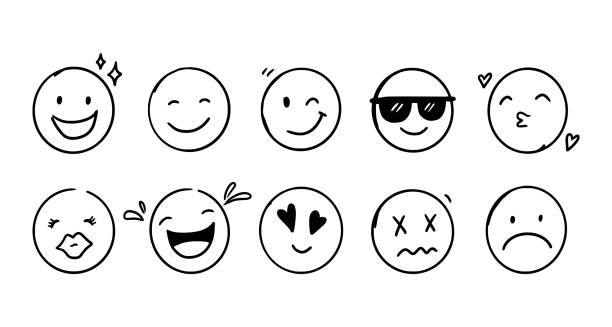 Doodle Emoji face icon set Doodle Emoji face icon set. Hand drawn sketch style. Emoji with different emotion mood, happy, sad, smile face. Comic line art vector illustration. anthropomorphic smiley face stock illustrations