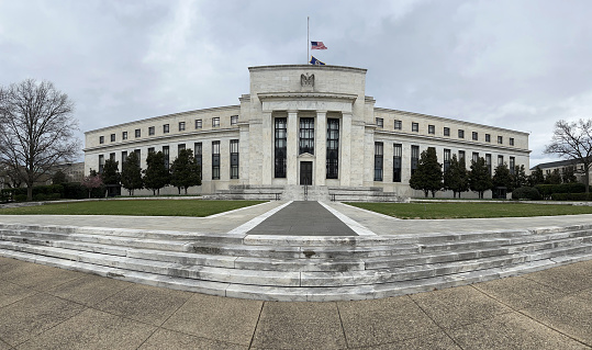 Washington DC, USA - March 27, 2022. Facade of Federal Reserve building in Washington DC, US