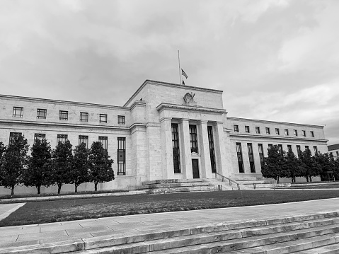 Washington DC, USA - March 27, 2022. Facade of Federal Reserve building in Washington DC, US