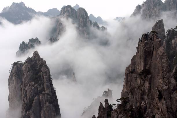 berg huang mit nebel - mystery forest ecosystem natural phenomenon stock-fotos und bilder