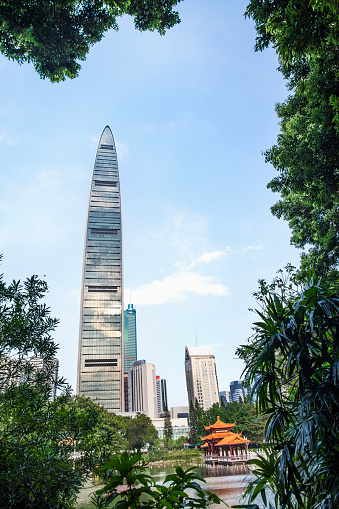 View of the KK100 (京基100) Building from Lychee Park / Lizhi Gongyuan (荔枝公园) in the Luohu District of Shenzhen, China
