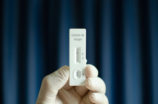 istock Doctor hand showing Covid-19 negative test on antigen rapid test kit for coronavirus with blue background. 1396588948