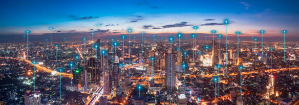 istock Aerial panolama view,Smart city and dot point connect Modern Telecom System ,Boundless connection technology concept. 1396589879