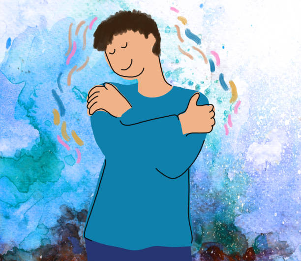 ilustrações de stock, clip art, desenhos animados e ícones de self hug - young man embracing himself - concept of self care, self compassion, and love - illustration and painting people men human face