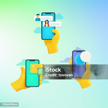 istock Icons with smartphone. Messaging, Commerce, chat. Comic 3d style vector illustration 1396591644