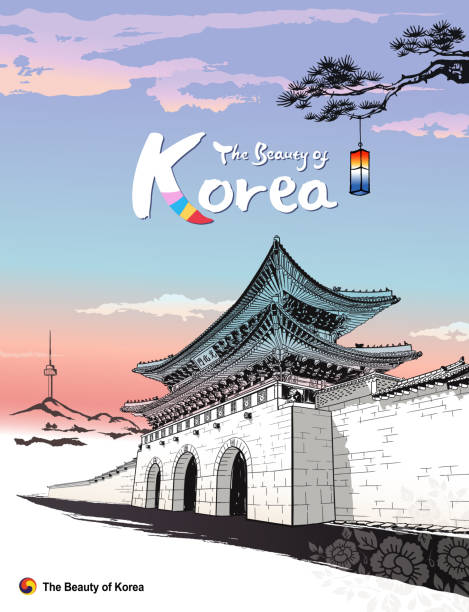 красивый сеул, корея. традиционный дворец, кванхвамун, роспись тушью, корейская традиционная живопись векторная иллюстрация. кванхвамун ки - korea stock illustrations