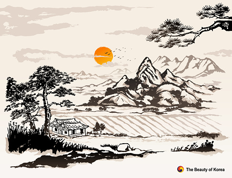 Beautiful Korea, mountains, pine trees, hanok, rural nature landscape, ink painting, Korean traditional painting vector illustration.