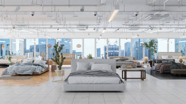 Furniture Showroom With Different Bed Furnitures, Potted Plants And Side Tables. Cityscape From The Window. Furniture Showroom With Different Bed Furnitures, Potted Plants And Side Tables. Cityscape From The Window. mattress stock pictures, royalty-free photos & images