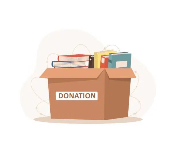 Vector illustration of Book donation. Cardboard box full of different textbooks. Volunteering and social care concept. Support for poor people. World humanitarian day. Vector illustration in flat cartoon style