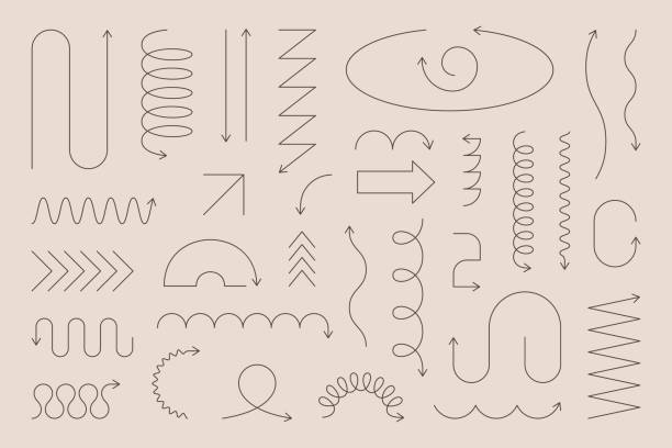 Line Minimalist Geometric Arrow Set. Vector Collection Abstract Thin Lines Different Forms Line Minimalist Geometric Arrow Set. Vector Collection Abstract Thin Lines Different Forms Spiral, Zigzag, Spring Coil, Wave, Triangle curly hair stock illustrations