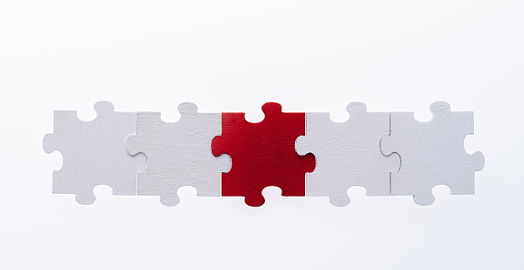 A row of jigsaw pieces on white background.