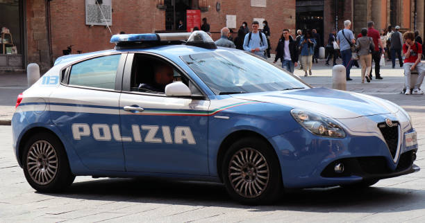 Italian Police car. Polizia Italiana, keeping safety in Bologna. stock photo