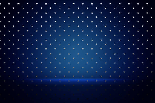 Dark blue background with stars and a square in the center with a glow and a light gradient. Dark blue background with stars and a square in the center with a glow and a light gradient. Bright illustration with copy space. July 4th and Veterans Day. memorial day art stock illustrations