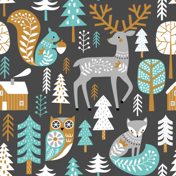 illustrazioni stock, clip art, cartoni animati e icone di tendenza di illustrazione di boschi scandinavi. - cervide