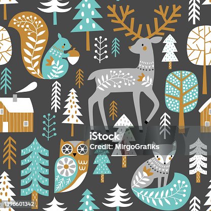 istock Scandinavian woodland illustration. 1396601342