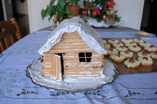 Gingerbread house. homemade gingerbread house for Christmas and new year. Christmas decoration concepts