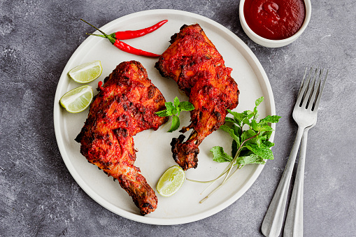 Chicken Tandoori, Roast Chicken Legs, Rustic Indian Chicken Preparation Photo Top Down and Horizontal