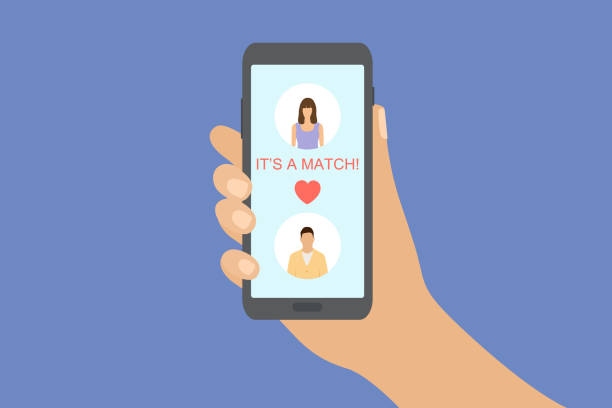 Couple Match In Online Dating Application On Mobile Phone. vector art illustration