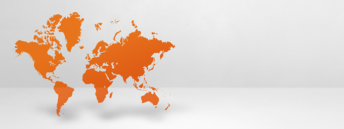 Orange world map isolated on white wall background. 3D illustration. Horizontal banner