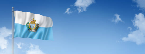 istock San Marino flag isolated on a blue sky. Horizontal banner 1396606184
