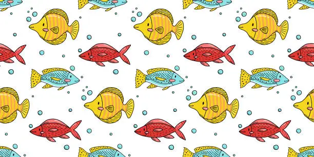 Vector illustration of Seamless pattern with cute doodle cartoon sea animals. Vector illustration.