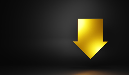 Gold down arrow shape on black background. Black Friday price cut image image.3D Rendering.