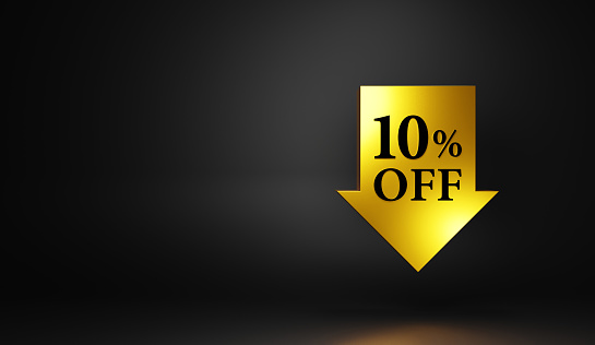 A golden down arrow shape with 10% OFF written on a black background. Black Friday price cut image image.3D Rendering.