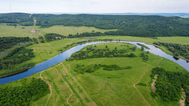 The Southern Urals, Bashkiria, the Ai River. Aerial view. stock photo