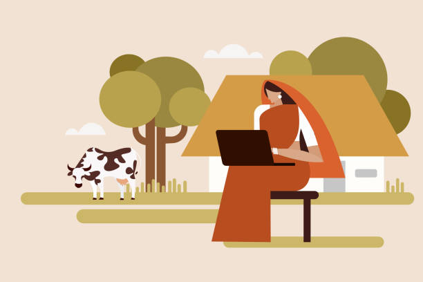 ilustrações, clipart, desenhos animados e ícones de ilustração de uma mulher rural indiana com um computador portátil sentado na frente de sua casa de fazenda - saree