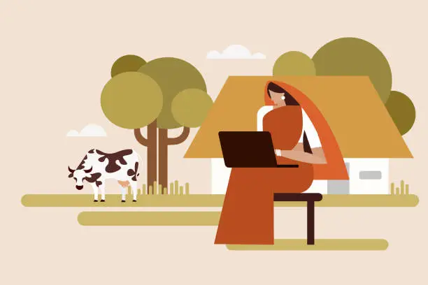 Vector illustration of Illustration of an Indian rural woman with a laptop computer sitting infront of her farm house