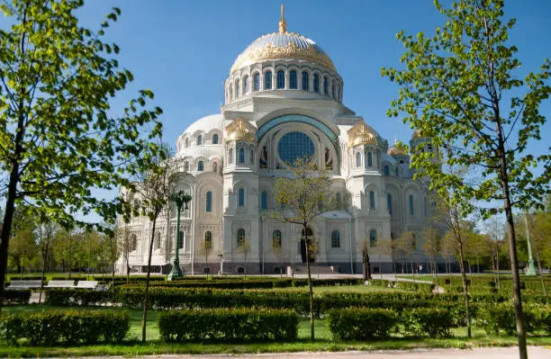 Naval Cathedral of St. Nicholas the miracle worker. Neo-Byzantine style, the largest, blue and gold dome, green park. Kronshtadt. St. Petersburg, Russia.