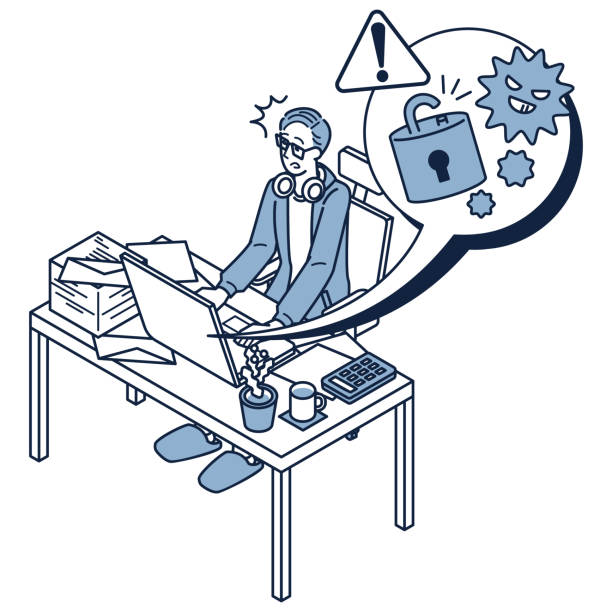 A freelance man who is in trouble because the security of his computer is broken This is an illustration of a freelance man who is in trouble because the security of his computer is broken. small business owner on computer stock illustrations
