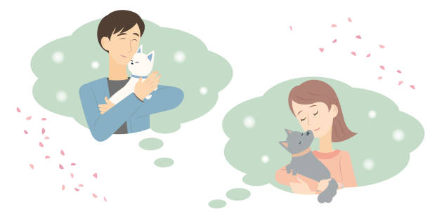 Men and women who gently watch over pets It is an illustration of a man and a woman who gently watch over pets. japanese angel stock illustrations