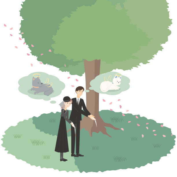 Men and women burying pet trees It is an illustration of a man and a woman performing a tree burial of a pet. dog heaven stock illustrations