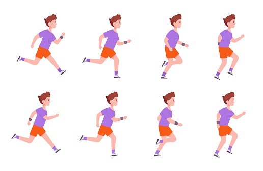 Running boy sequence. Little man run steps animation, profile motion 2d character step jogging men cycle loop sprite sheet frame cartoon runner athlete vector illustration. Sequence run people