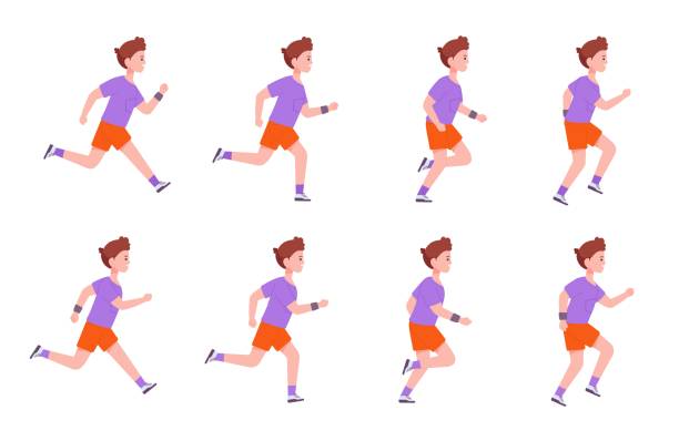 Running boy sequence. Little man run steps animation, profile motion 2d character step jogging men cycle loop sprite sheet frame cartoon runner athlete splendid vector illustration Running boy sequence. Little man run steps animation, profile motion 2d character step jogging men cycle loop sprite sheet frame cartoon runner athlete vector illustration. Sequence run people walking animation stock illustrations