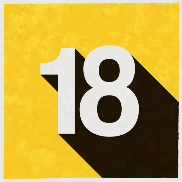 ilustraciones, imágenes clip art, dibujos animados e iconos de stock de 18 - número dieciocho. icono con sombra larga sobre fondo amarillo texturizado - número 18