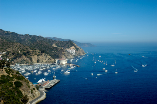 Overlooking the Casino Building and boats anchored in Avalon Harbor, Avalon, Catalina Island California.