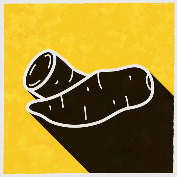 süßkartoffel. symbol mit langem schatten auf strukturiertem gelbem hintergrund - root paper black textured stock-grafiken, -clipart, -cartoons und -symbole