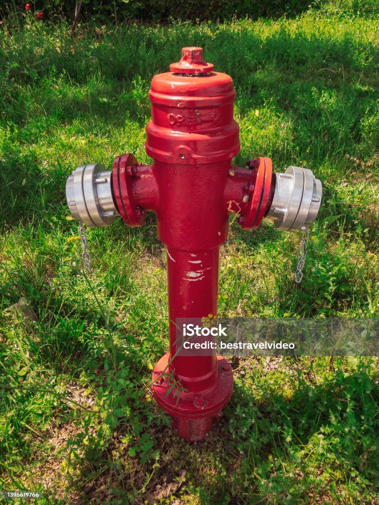 Red metal water fire hydrant against green vegetation. Red metal above ground water fire hydrant piping point against green vegetation at a rural environment. Bush Stock Photo