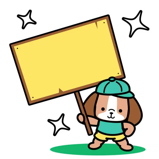 Vector illustration of A cute dog is wearing a baseball cap and holding a blank plank sign and standing with one hand on his hip