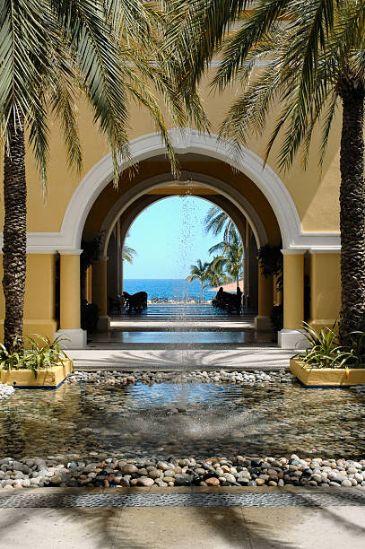 View of ocean through archway in Cabo San Lucas, Mexico stock photo