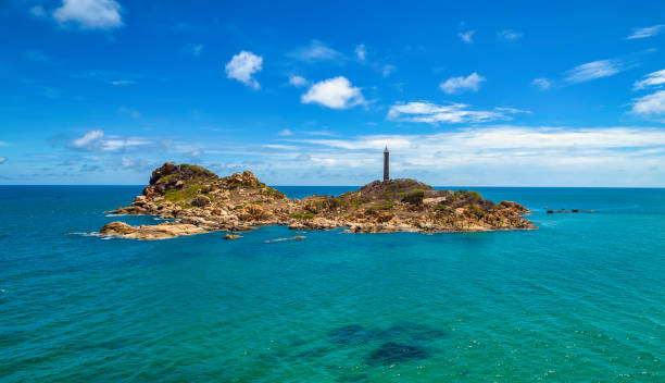 Ke Ga lighthouse is located on an island near the shore seen from above Ke Ga lighthouse is located on an island near the shore seen from above, this is an ancient lighthouse built in the French period to guide the water in the central waters of Vietnam. mui ne bay photos stock pictures, royalty-free photos & images