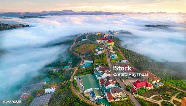 Aerial View Of The Town In The Early Morning Mist Stock Photo - Download Image Now - Dalat, Vietnam, Aerial View